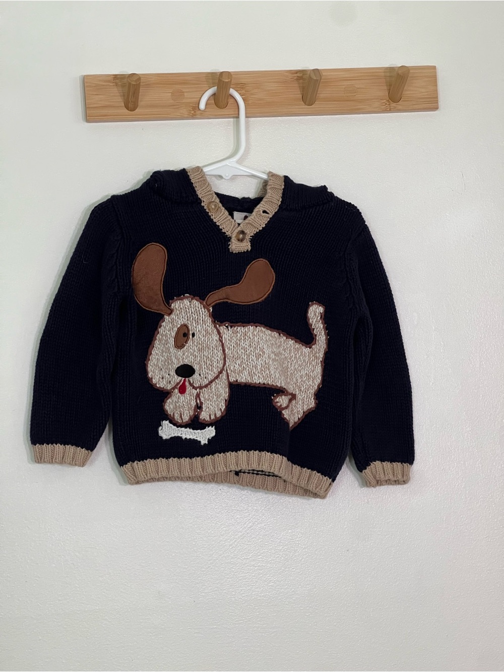 Vintage 100% cotton navy & Beige Puppy Knit Hoodie Sweater size 12 months